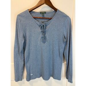 Lauren Ralph Lauren Jeans Co Lace Up Blue‎ Henley Long Sleeve Shirt Size M